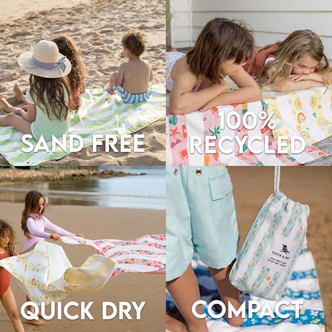 Dock & Bay Beach Towel - Quick Dry, Sand Free - Compact, Lightweight - 100% Recycled - Includes Bag - Kids - Bike Bike Baby, Large (160x90cm, 63x35)