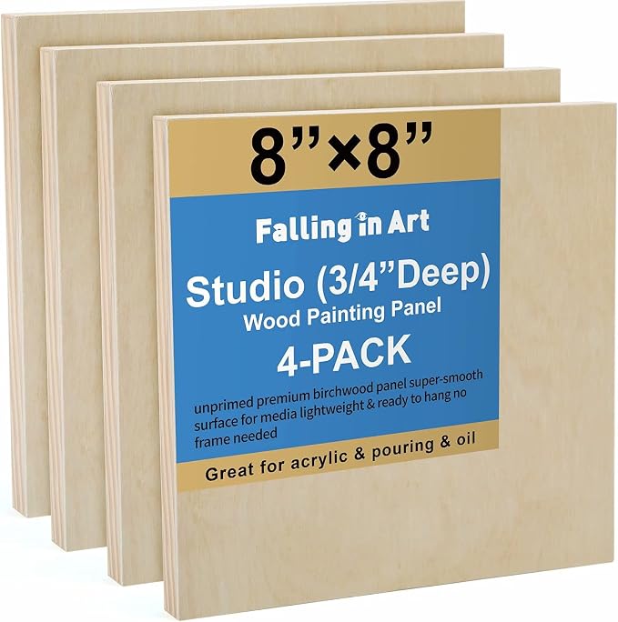 Falling in Art 4 Pack 8x8’’ Unfinished Birch Wood Panels Kit by FallinginArt