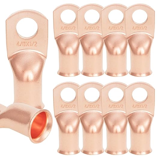 10 PCS 4/0AWG - 1/2''Stud Heavy Duty Copper Terminals,Battery Cable Crimp Lugs,Battery Cable Ends, Bare Copper Eyelets Tubular Ring Terminals,Closed End Crimp Electric Connectors