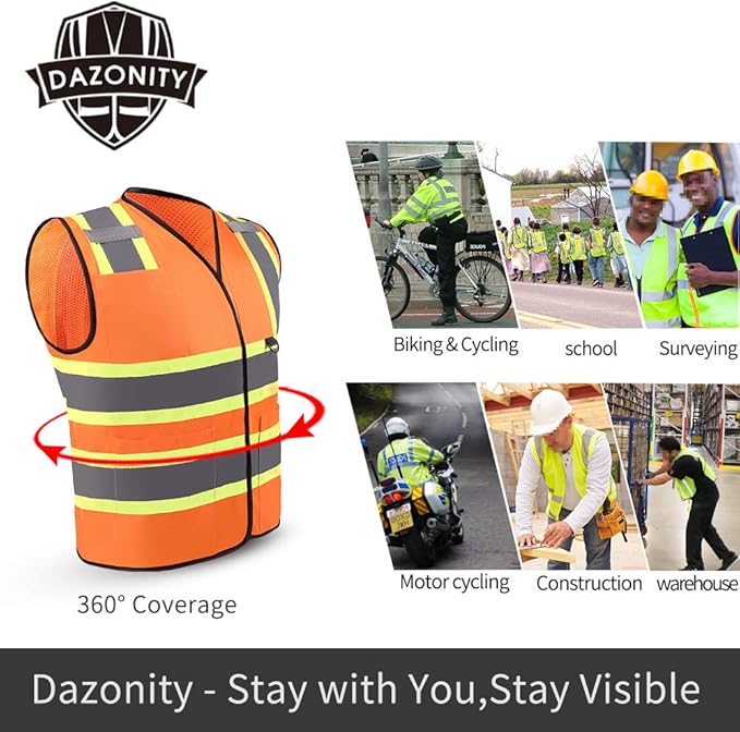 Dazonity Safety Vest with Multi-Pockets,2pcs,Reflective & High Visibility for Work,Construction,Parking,Warehouse,Orange