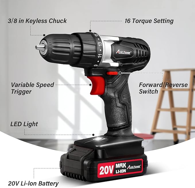 AVID POWER 20V MAX Lithium lon Cordless Drill, Power Drill Set with 3/8-Inch Keyless Chuck, Variable Speed, 16 Position and 22pcs Bits (Black)