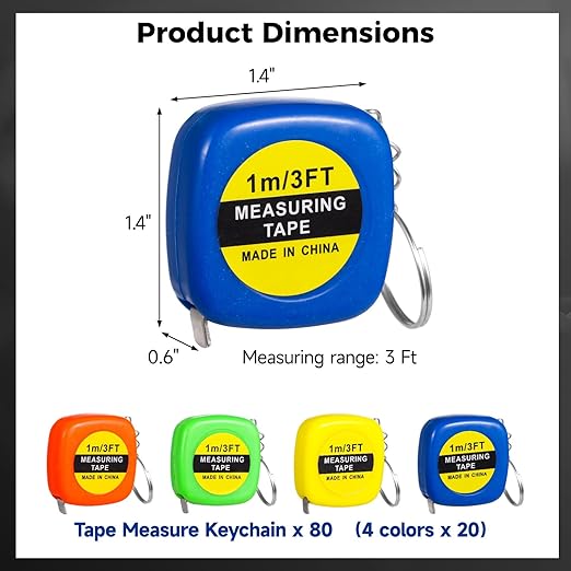 80 PCS Mini Tape Measure Keychains, 3 Ft Measuring Range Small Retractable Measuring Tape Key Chains, Pocket Portable Measurement Tape Bulk in 4 Colors for Favors Birthday Gift Daily