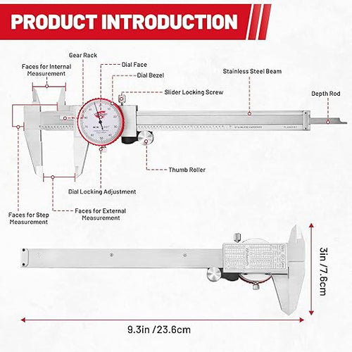 0-6" Range SAE Dial Caliper Measuring Tool, Analog Precision Micrometer Caliper ±0.001" Accuracy, Manual Mechanical Metal Stainless Steel Measuring Dial with 4-Way Measurements