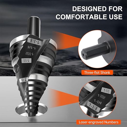 COMOWARE Step Drill Bit, 12 Sizes from 1/4" to 1-3/8", High Speed Steel Step Bit with 2 Spiral Flutes, 3-Flat Shank, Steps Bits for Metal, Aluminum/Wood/Plastic/Iron, Unibit for Electricians & DIY