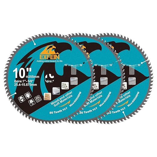 10 Inch Miter/Table Saw Blades 3pcs, 80 Teeth ATB TCT Fine Finish Wood Cutting Circular Saw Blade with 1 Inch Arbor
