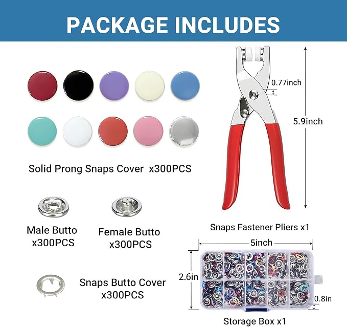300 Sets Metal Snap Buttons Kit, 9.5mm Sewing Snaps in 10 Colors - Image 2