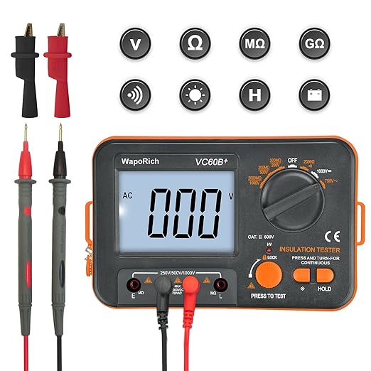 Megohmmeter Insulation Resistance Tester, 1999 Counts Megaohm Meter 200MΩ~2K Megohm Megger with DC250/500/1000V AC750V Testing Voltage, Digital Multimeter Measure with Data Hold Backlit