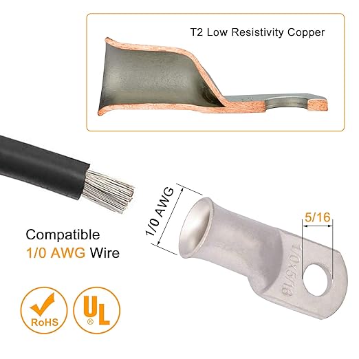 0 Gauge Tinned Copper Lugs 10 PCS 1/0 AWG - 5/16'' Cable Lugs Wire Lugs UL Listed 0 AWG Wire Lugs Battery Cable Ends 10 PCS Heavy Duty Closed End Crimp Copper Lugs with 10 PCS 3:1 Heat Shrink Tubing
