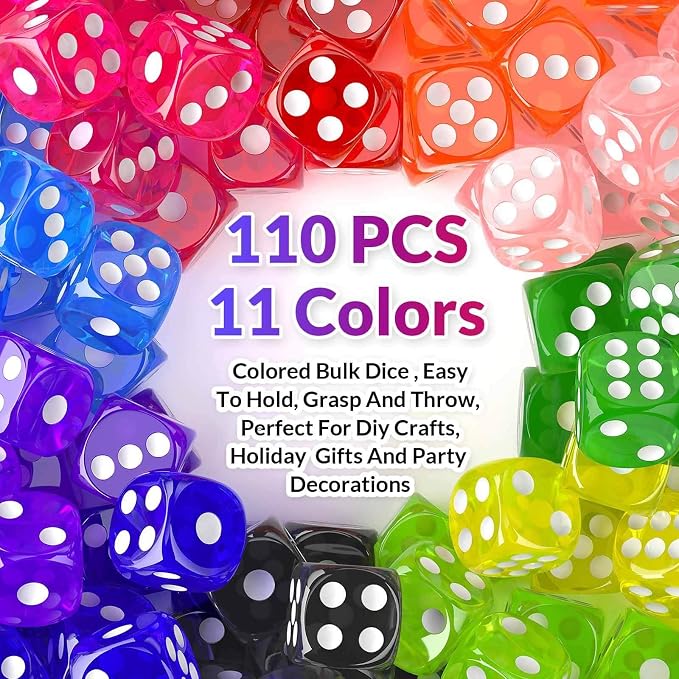 Rerdeim 110 Pieces Dice Set, Colored Game Bulk Dices, Colorful Dices, 6 Sided - Image 2