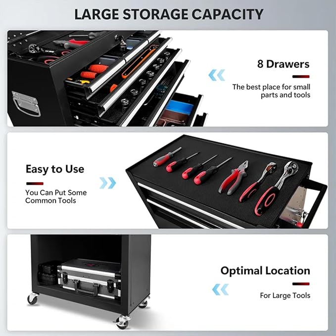 Rolling Tool Chest - 8 Drawers Tool Box Organizer with Lockable Wheels, Sliding Drawers, Detachable Top Tool Box - Tool Storage Cabinet for Garage Workshop, Black