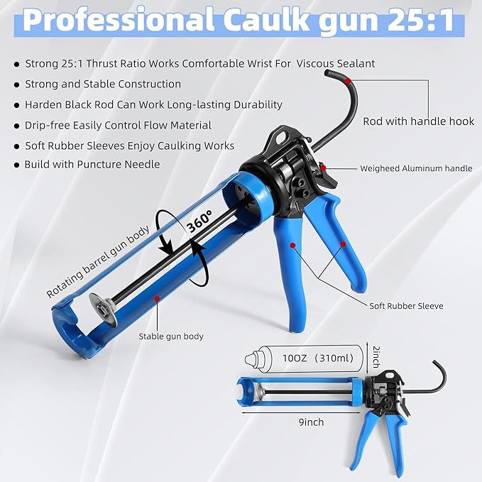 PRO Caulk Gun Kit Heavy Duty Silicone Caulking Gun Thrust Ratio 25:1 No-drip Rotating Barrel and Caulking Tools,Sealant Tools Grout Scraper For Kitchen Bathroom Sink Joint,With Gift Box