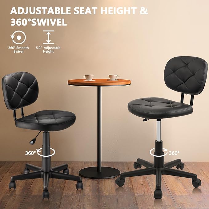 Round Rolling Stool with Adjustable Height and Pu Leather Backrest Swivel Stool Chair for Salon Tattoo Work Office Massage Black