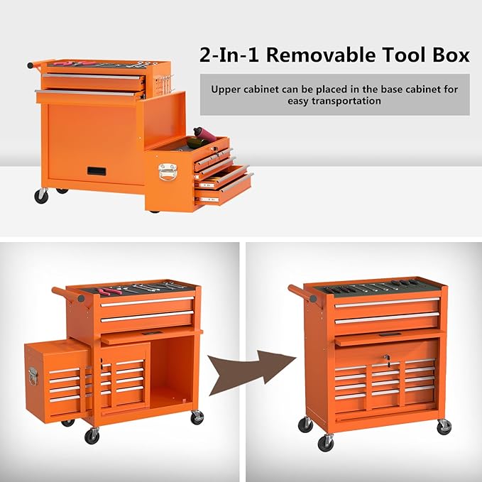 8 Drawer Tools Chest,42.9 inch Tool Cabinet with Universal Lockable Wheels，Organizable Tool Box with Detachable Top Box for Workshop，Orange