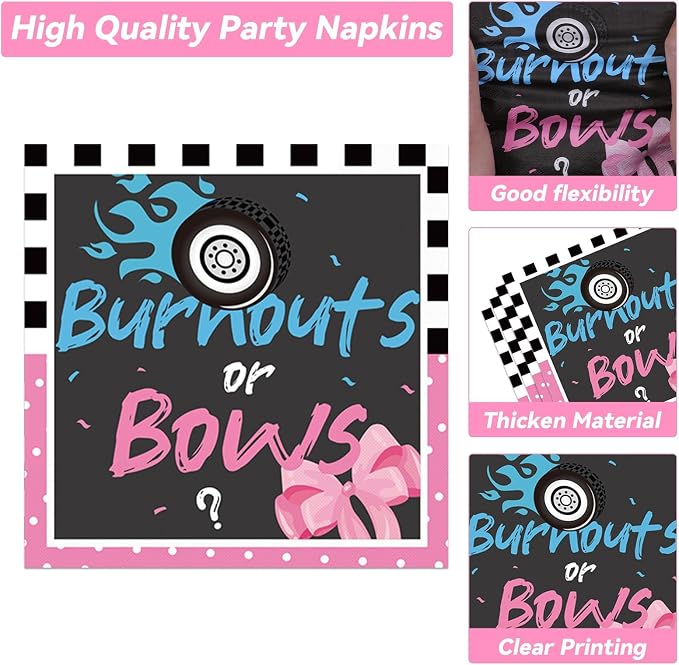 50 Guests Burnouts or Bows Gender Reveal Plates and Napkins Party Supplies Boys - Image 3
