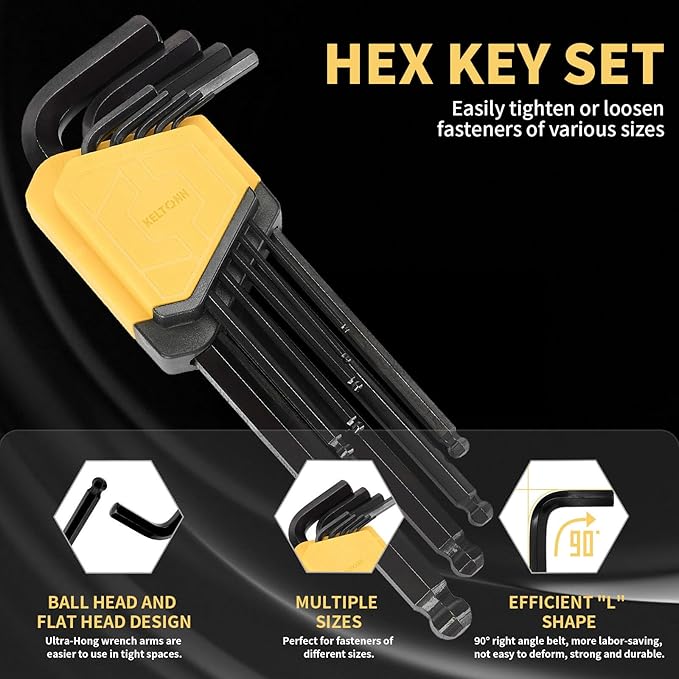Allen Wrench Set Hex Key Set Ball End Long Arm – 9PCS Metric Hex Key Set, Cr-V Steel, 1.5–10mm, 6.7in, Black Finish, Ideal for Furniture Assembly, Bike Repairs, Garage Tools