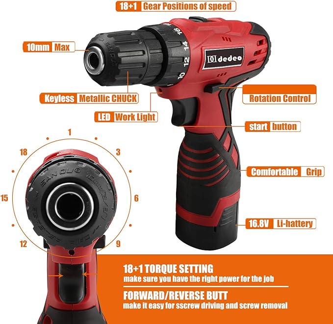 Tool Set with Drill, 108Pcs Cordless Drill Household Power Tools Set with 16.8V Lithium Driver Claw Hammer Wrenches Pliers DIY Accessories Tool Kit