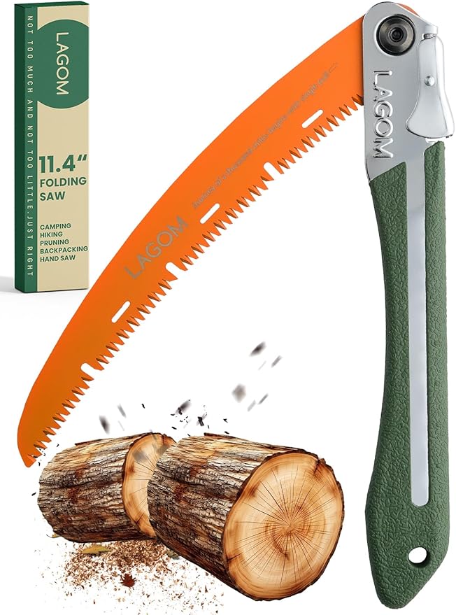 LAGOM Folding Camp Saw for Cutting Branches, 11.4" Curved Blade | SK5 Steel, Ergonomic Handle, One-Hand Use, Secure Lock | Foldable Pruning Tool for Camping, Gardening, Survival, Kayaking, Outdoors