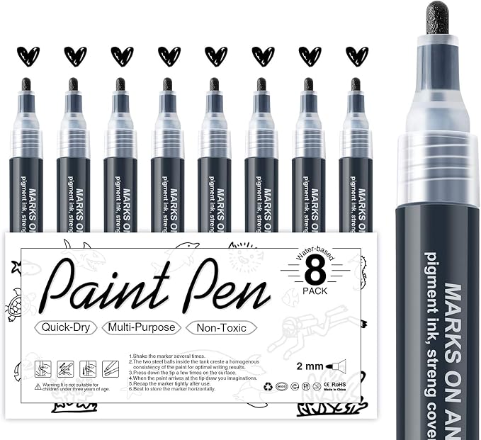 AKARUED Black Acrylic Paint Markers, 8 Pack Acrylic Black Paint Pen Sets by AKARUED