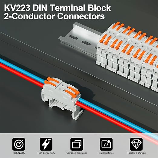 5Pcs DIN Terminal Blocks, 2 Conductor Compact Wire Conductor Splicing Connectors, KV223 Lever Wire Connectors for AWG 28-12, 600V 32A