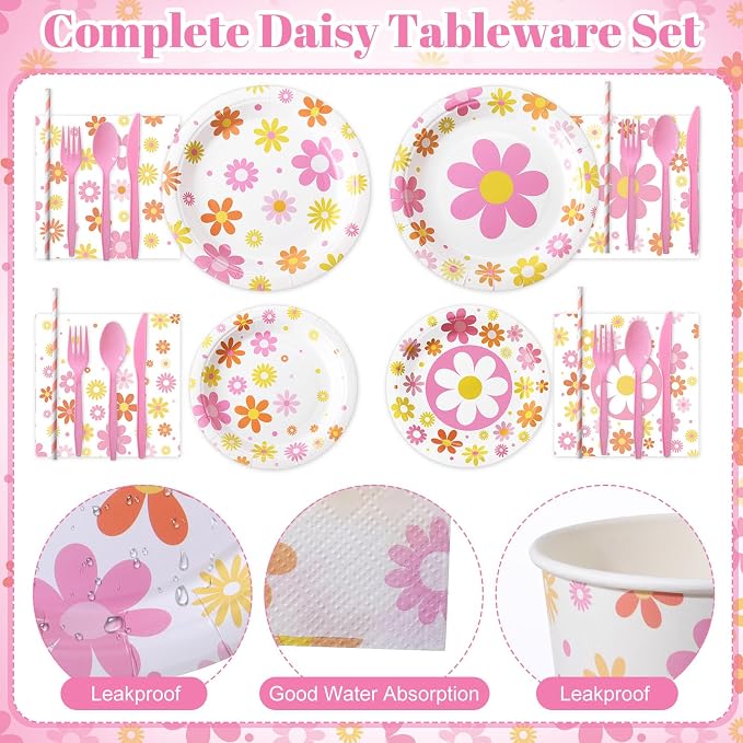 450 Pcs Daisy Groovy Tableware Set Decorations Boho Daisy Flower Paper Plates - Image 2