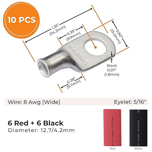 SELTERM 10pcs - 8 Awg 5/16" Stud (Wide) Battery Lugs - Ring Terminal Connectors with 12pcs 3:1 Black & Red Heat Shrink Tubing with Adhesive, Heavy Duty Battery Cable Ends - Tinned Copper Wire Lugs Kit