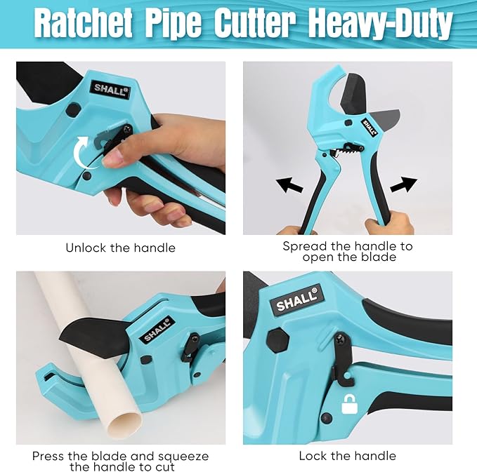 SHALL PVC Pipe Cutter, Cuts up to 2-1/2”, Heavy-Duty Aluminum Ratchet Pipe Cutter Tool for PVC, PPR, PE, PEX, Plastic Hoses & Plumbing Pipes, Fast Pipe Tube Cutters with High Performance SK5 Blade