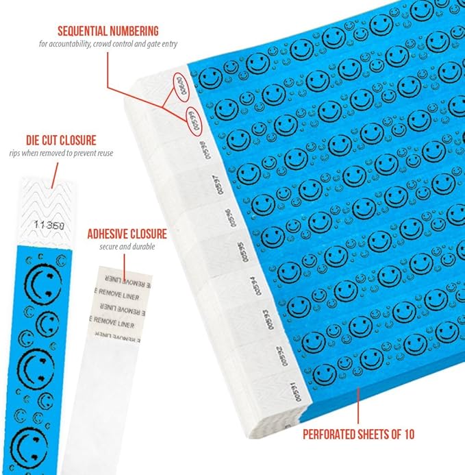 200 WristCo Neon Blue Smiley Face Tyvek Wristbands for Events - ¾” x 10” - Waterproof Recyclable Comfortable Tear Resistant Paper Bracelets Wrist Bands for Concerts Festivals Admission Party
