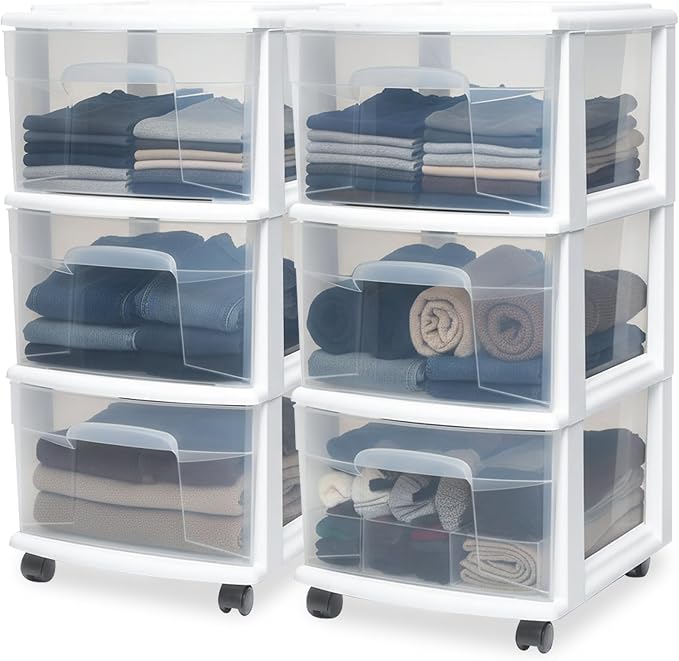 HOMZ 2-Pack Drawer Tower, 3-Tier Clear Plastic Storage Organizer Cart, and by Homz
