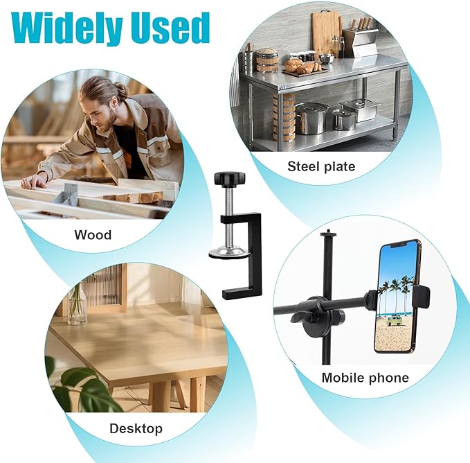 8 Pack 2 Inch C Clamp, Heavy Duty Aluminum Desk Clamp with Stable Wide Jaw, Adjustable Universal C-Clamp, Black G Clamps for Tables Desk Mount Holder