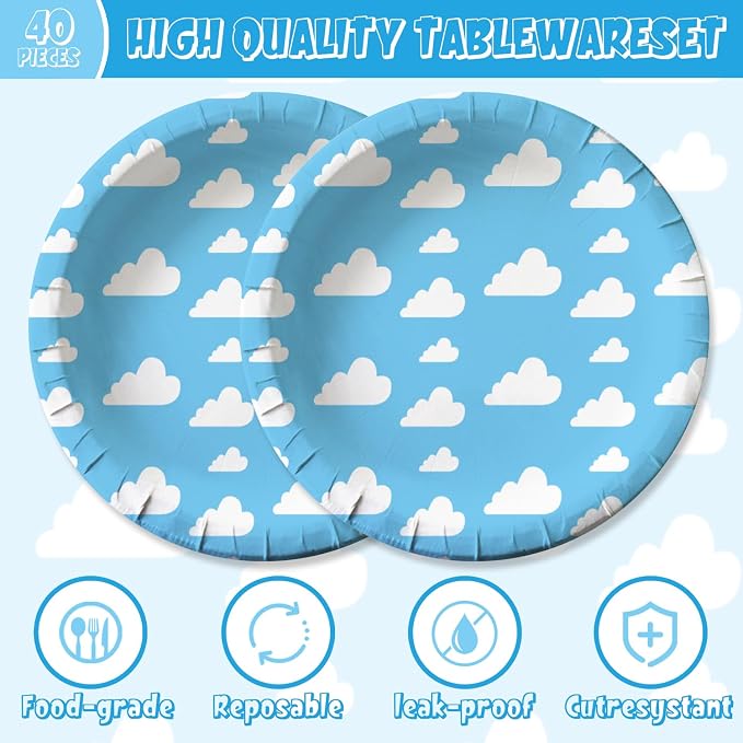 40Pcs Blue Sky White Clouds Birthday Party Decorations Cartoon Story Tableware - Image 3