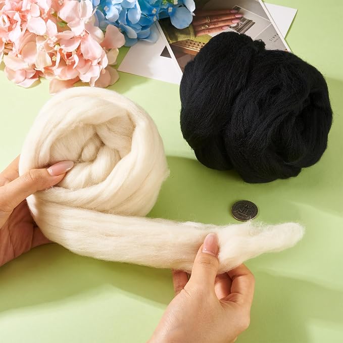 100G Black White Wool Roving for Needle Felting, Soft Chunky Wool Yarn - Image 4
