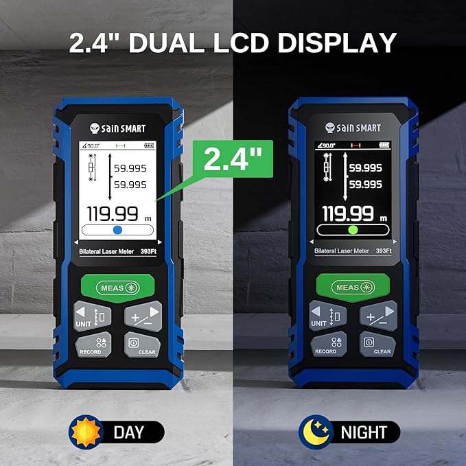 SainSmart Dual Laser Measuring Tool, 393Ft/120M Green Bilateral Distance Meter with Backlit LCD, Rechargeable, Multi-Unit (Ft/in/M), Electronic Level, Length/Area/Volume/Angle Sensor/PC Data Transfer