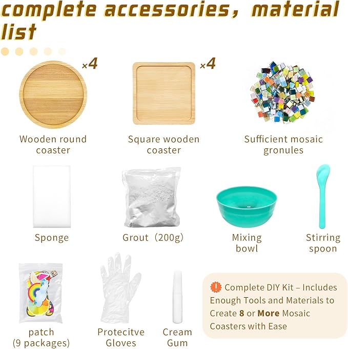 8 Sets DIY Mosaic Coaster Kit – Mixed Color Glass Mosaic Tiles - Image 2