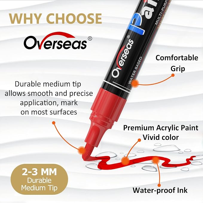 Overseas White & Black Acrylic Paint Pens Permanent Markers, Medium Tip | - Image 2