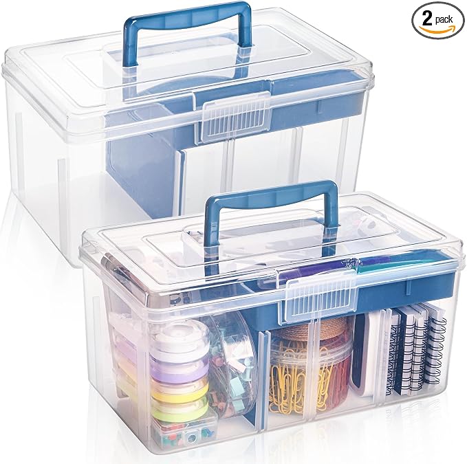 2 Pack Plastic Dividing Storage Box, 2 Layer Multipurpose Craft Organizer and by Acshio