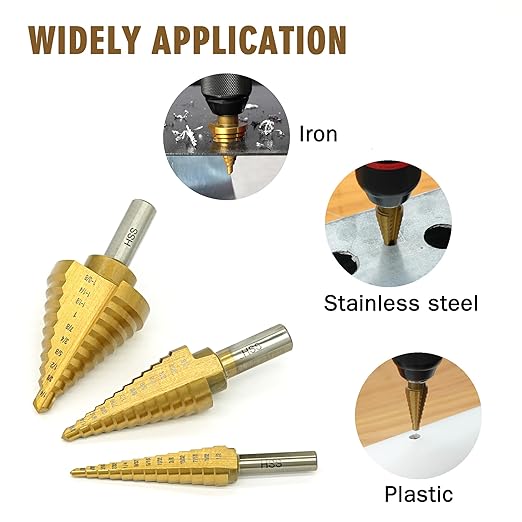 BeHappy Step Drill Bit Set, 5Pcs Titanium Step Drill Bit Set, High Speed Steel Step Drill Bits with Automatic Center Punch for Sheet Metal, Wood, Plastic, 50 Sizes with Aluminum Case for DIY