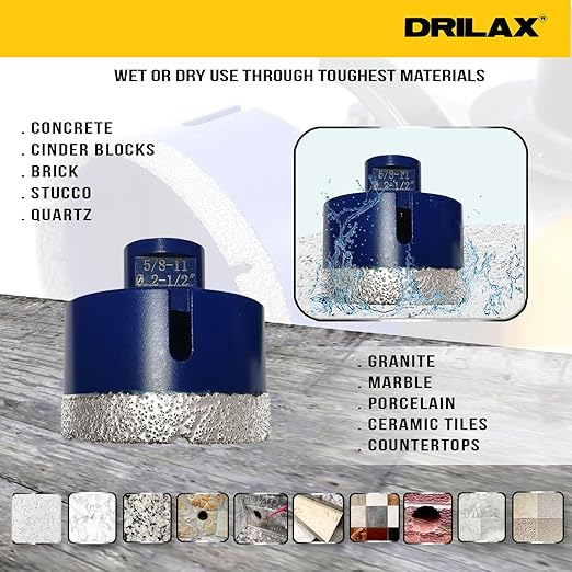 Drilax Pro Series 2-1/2 Inch Diamond Hole Saw | for Angle Grinders (5/8"-11 Thread) & Regular Drills (Adapter Incl.) | 1-3/8" Depth | Fast Dry Drilling for Large Pipes, Vents, Conduit | Long Life