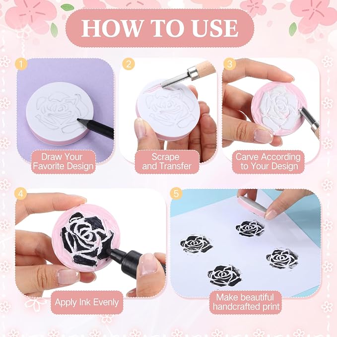 18 Pcs Rubber Stamp Carving Blocks Linoleum Blocks 4"x6" and 2"x2" Round Square - Image 4