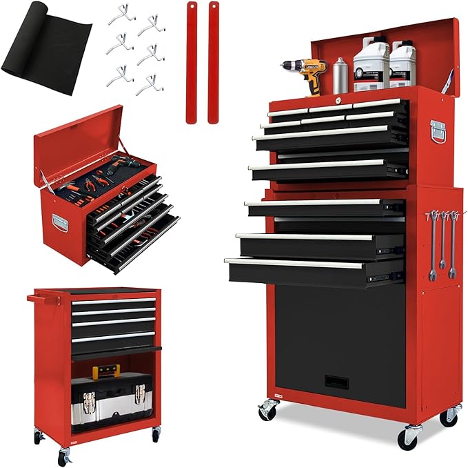 Kirmoasl 13-Drawer Rolling Tool Chest,Large Tool Chest with Wheels,2 in 1 Detachable Tool Chests,Portable Tool Storage,Locking Mechanic Tool Box for Warehouse,Garage (Red&Black)