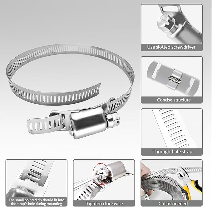 Hose Clamps 30FT Strap+30 Fasteners,DIY Cut-To-Fit 304 Stainless Steel Adjustable Large Worm Gear Band Clamp Assortment Kit,Metal Screw Fasteners and Strapping for Pipe,Duct,Pole,Tube