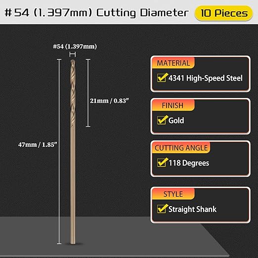 Drill Bit, #54 Cutting Diameter, 4341 HSS Gold Finish 118° Cutting Angle Number Jobber Bits - (Applications: for Drilling Soft Metal Plastic Wood), 10-Pieces