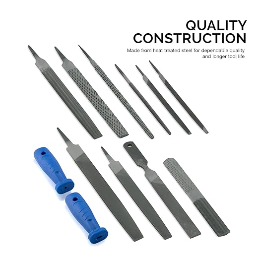 Neiko 00109A Metal File and Rasp Set | 12 Piece, 10, 8, and 6 Inch Extra Slim Flat, Half, Mill, and Round Files Set | Non Slip PVC Handle, Wood File | Heat Treated Carbon Steel Two Way File