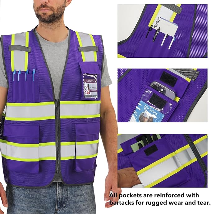 Dib Safety Reflective Mesh Vest High Visibility Two Tone with Pockets and Zipper, Purple Mesh with Yellow Trim 3XL