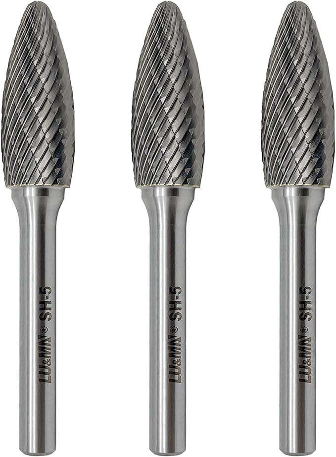 LU&MN SH-5 Tungsten Carbide Burr Rotary File Flame Shape Double Cut (1/2” Cutter Dia X 1-1/4”Cutter Length) with 1/4'' Shank Dia,3PCS