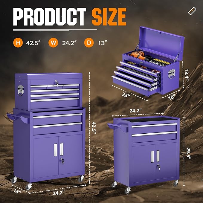 Crownland 8-Drawer Rolling Tool Chest with Wheels, Lockable 2 in 1 Detachable Tool Cabinet wit Drawers and Black Liners, Garage Top Toolbox & Bottom Storage Cart with Side Hooks(Purple)
