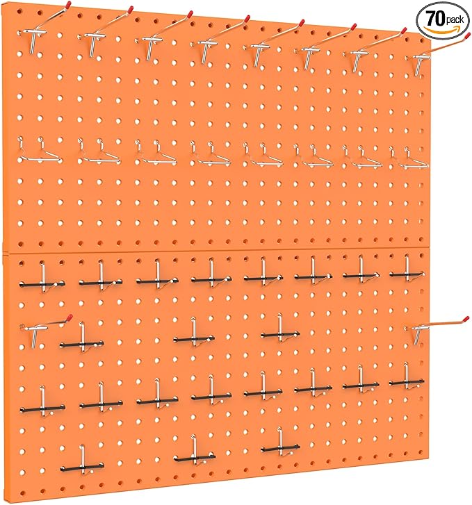 TORACK Metal Pegboard Wall Organizer 24" x 24" or 12" x 48", 70 PCS Tools Storage Pegboard for Garage, Modular Pegboard, Tool Organizer Board with Peg Board Hooks(Orange)