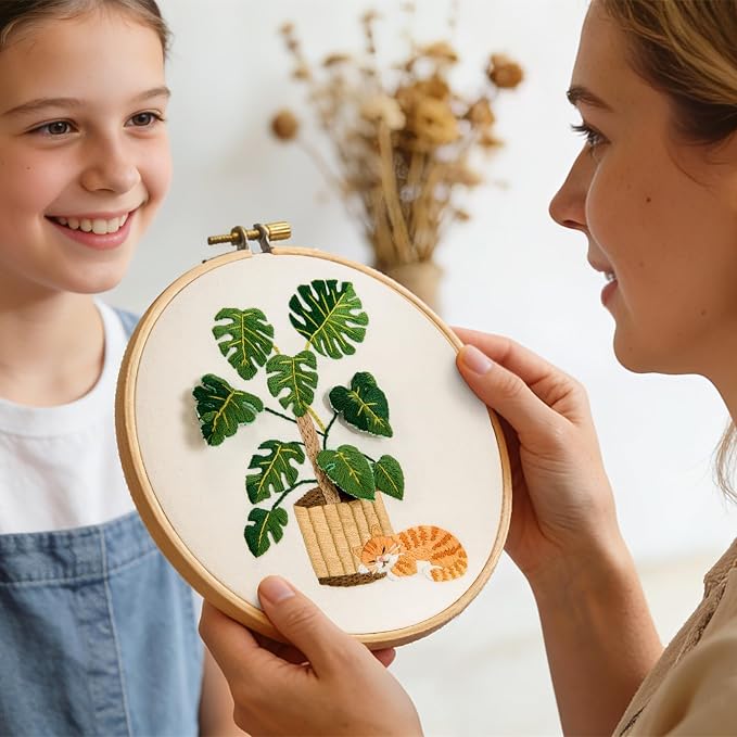 Monstera Embroidery Kits for Beginners Adults, Cat Hand Embroidery Kits - Image 4