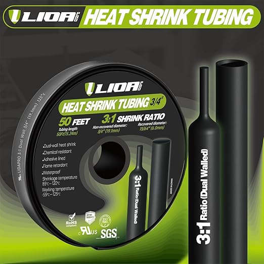 Heat Shrink Tubing 50 Feet Roll, 3:1 Ratio Adhesive Lined Marine Grade Shrink Wrap Tubing,Industrial Heat Shrink Tube Electrical 3/4'' Black