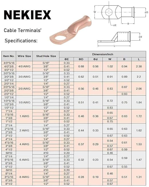 10PCS 3/0AWG - 3/8''Stud Heavy Duty Copper Terminals,Battery Cable Crimp Lugs,Battery Cable Ends,Bare Copper Eyelets Tubular Ring Terminals,Closed End Crimp Electric Connectors