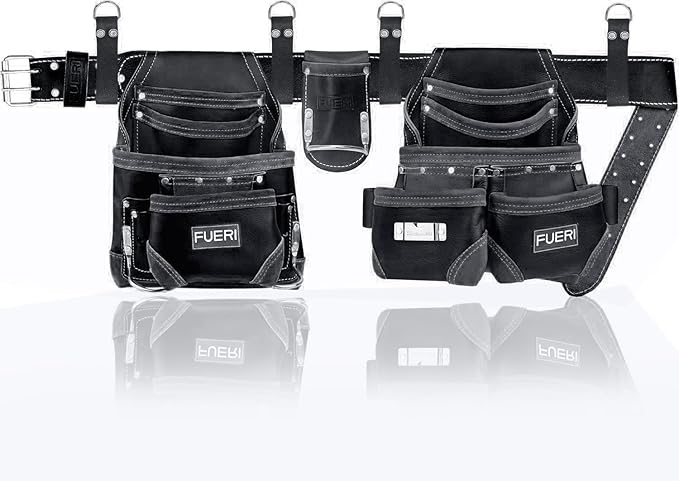 FUERI Leather Tool Belt with Suspenders Heavy Duty Bags Dual Hammer Holsters Tool Pouches for Men Construction Carpenters Electricians Framers Women Workers 16 Pockets